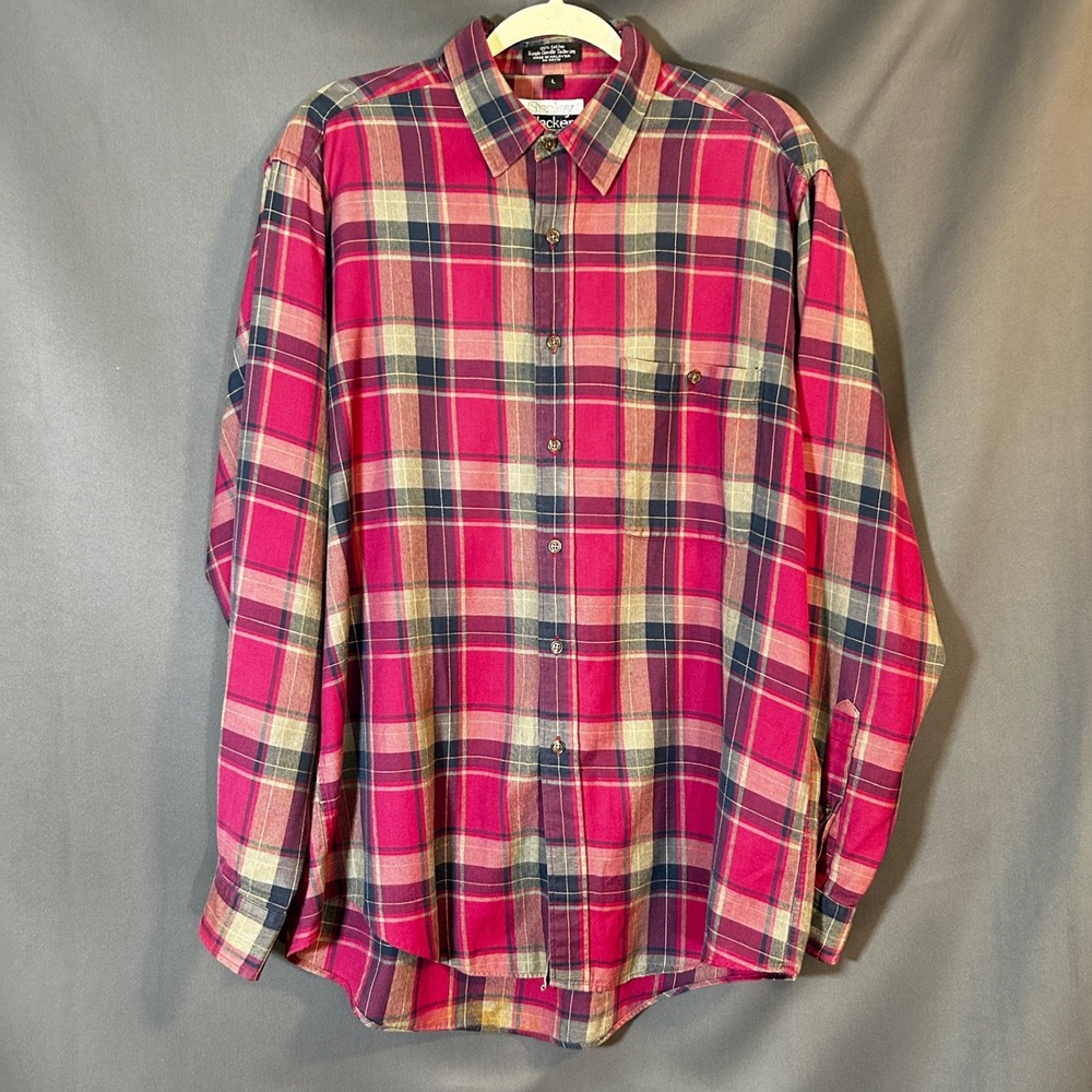 Stanley Blacker Plaid Flannel Button Down Shirt Mens‎ Large Pink Tan Large
